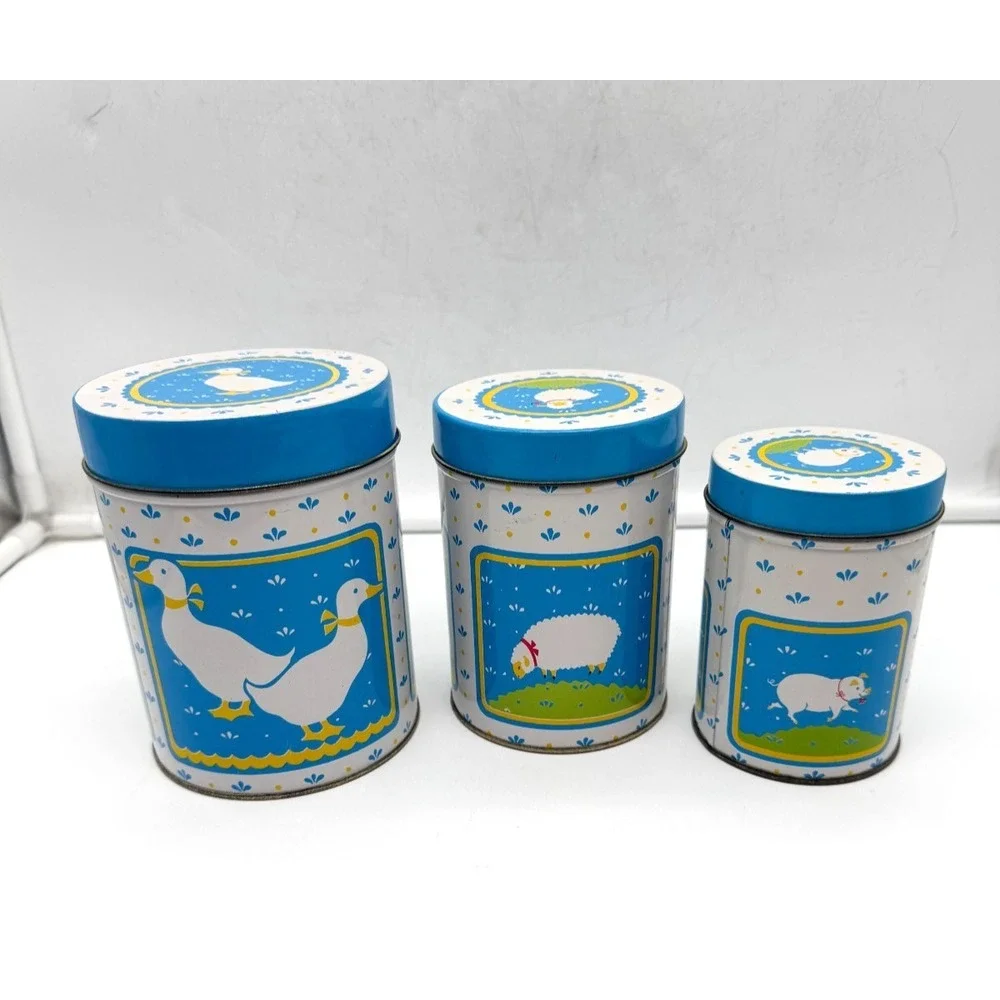W.A. Vintage 1984 Country Farm Animals Nesting Tin Canister Set Blue 3 Piece